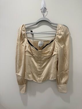 Reformation Satin Puff-Sleeve Square-Neck Blouse in Cream